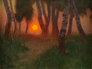 Zonsondergang in een bebost landschap door Adrian Scott Stokes