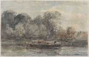 Boot met gestreken mast aan wal liggend door Adrianus Eversen
