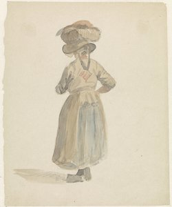 Figuurstudie van een vrouw met een mand op het hoofd, van achteren