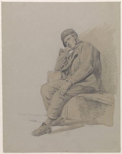 Figuurstudie van een zittende man met een muts op door Adrianus Eversen