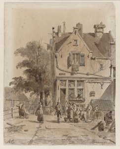 Gezicht op een brug over de Baangracht te Amsterdam, met kramers van etenswaar door Adrianus Eversen