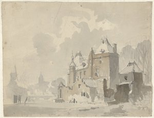 Gezicht op een gefantaseerd(?) kasteel nabij een stad
