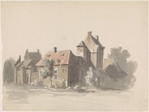 Gezicht op een groep huizen met stadspoortje(?) door Adrianus Eversen