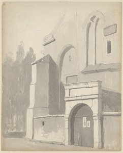 Gezicht op een ingangspoortje van een kerk