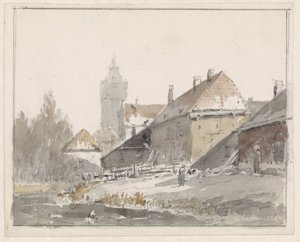 Gezicht op huizen aan de rand van een stad door Adrianus Eversen