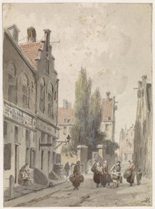 Stadsgezicht met een marskramer door Adrianus Eversen