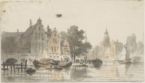 Stadsgezicht met kanaal door Adrianus Eversen