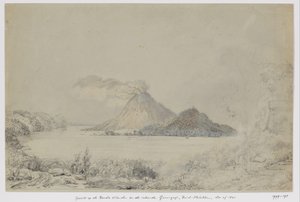 Gezicht vanuit Lontar op Banda Neira en rokende Gunungapi, Banda-eilanden, Centraal-Molukken door Adrianus Johannes Bik