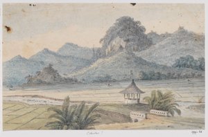 Landschap bij Cibodas met brug en paviljoen, West-Java