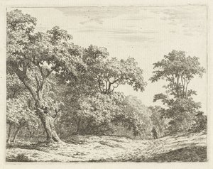 Landschap met bomen en een man op weg