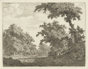 Rustende reizigers langs een weg in het bos door Adrianus Serné