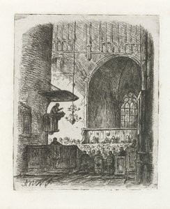 Kerkinterieur met kerkdienst door Adrianus Wilhelmus Nieuwenhuyzen