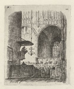 Kerkinterieur met kerkdienst door Adrianus Wilhelmus Nieuwenhuyzen