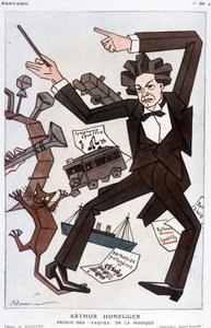 Cartoon door Arthur Honegger Prince of the Fauves of Music, Zwitserse componist (1892-1955) - door Barrère, in Fantasio van 01/01/1930
