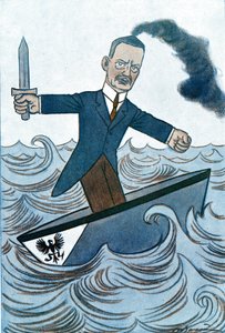Cartoon door Wilhelm Cuno (1876-1933) Duitse politicus verantwoordelijk voor maritieme zaken. Tekening door Adrien Barrère (1877-1931) uit Fantasio