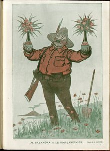 Illustratie van A Barrere (1874-1931) in Fantasio, 01/06/15 - Mr. Salandra of de Goede Tuinman - Oorlog van 14-18, Italië, Wijn, Neutraliteit, Bloemen, Vulkanische uitbarstingen, Voorzitter van de Raad, Triëst - Salandra Antonio