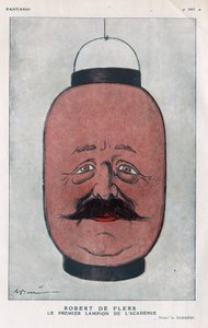 Robert Pelleve de La Motte-Ango, Markies de Flers, Frans toneelschrijver (1872-1927). (De eerste lantaarn van de academie). Cartoon door Barrere in 