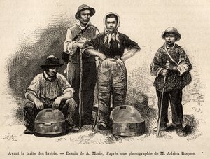 Voor de schapenhandel, werd al het personeel van de boerderij op deze plek ingezet, jongen, dienaar, onder toezicht van de herder, melk werd verzameld in de seilles (metalen vaas), gravure naar een tekening van A.Marie, ter illustratie van een reis naar Ro door Adrien Emmanuel Marie