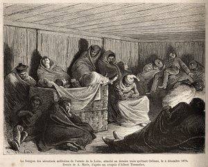 Het interieur van de wagen van de militaire luchtballonvaarders van de Loire, allemaal slapend, vastgemaakt aan de laatste trein die Orleans verlaat op 5 december 1870, gravure naar een tekening van A.Marie ter illustratie van een studie over luchtscheepsw door Adrien Emmanuel Marie