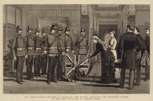 Het Vierentwintigste Regiment bij Isandlana, Hare Majesteit decoreert de Herstelde Kleuren van het Eerste Bataljon bij Osborne House