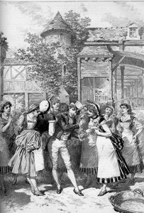 De mooie Nicolas omringd door de meisjes van het dorp. Juliette Simon-Girard in de rol van Nicolas voor de opera 