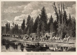 De hele geografische missie, op weg naar Mount Hayden, langs de Henri River, gegraveerd naar de tekening van A.Marie, ter illustratie van een reeks geografische missies door het National Park van de Verenigde Staten, van 1870 tot 1872, door de heren Hayden
