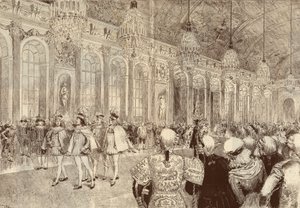 De processie van de ridders van de Orde van de Heilige Geest in de ijsgalerij van het kasteel van Versailles op Pinksterdag in 1789