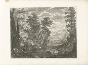 Waterval met een stad op de achtergrond
