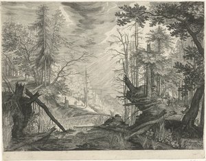 Drie jagers bij een rivier in een bos door Egidius  Sadeler (II)