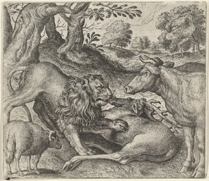 Fabel van de leeuw, de koe en het schaap op jacht door Egidius  Sadeler (II)