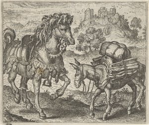 Fabel van de ontevreden ezel en het strijdros door Egidius  Sadeler (II)