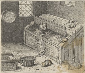 Fabel van de oude kat en de muizen door Egidius  Sadeler (II)