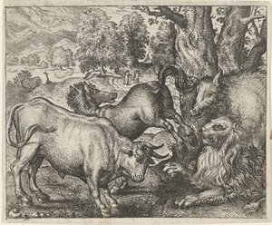 Fabel van de oude leeuw door Egidius  Sadeler (II)