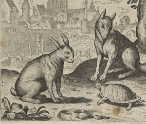Fabel van de schildpad en de haas door Egidius  Sadeler (II)