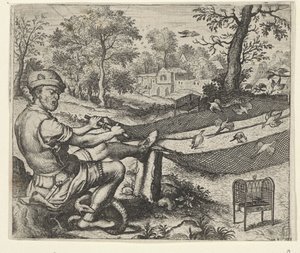 Fabel van de vogelvanger en de slang door Egidius  Sadeler (II)