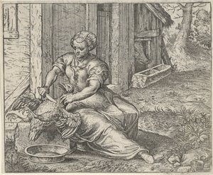 Fabel van de vrouw en de kip door Egidius  Sadeler (II)
