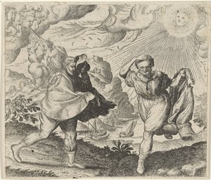 Fabel van de wind, de zon en de wandelaars door Egidius  Sadeler (II)