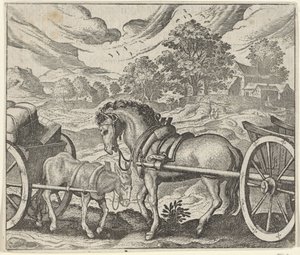 Fabel van het ontevreden paard en de ezel door Egidius  Sadeler (II)