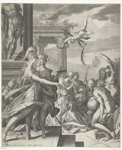 Minerva vergezelt de Schilderkunst naar haar plaats bij de wetenschappen door Egidius  Sadeler (II)