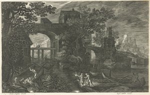 Nachtelijk tafereel met vissers op een rivier door Egidius  Sadeler (II)