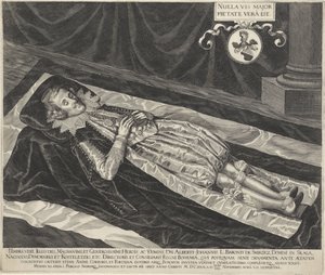 Portret van Albert-Johannes, baron van Smirzicz op zijn doodsbed door Egidius  Sadeler (II)