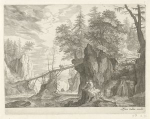 Tekenaar zittend op een steen voor een brug (Berglandschappen uit Tirol) door Egidius  Sadeler (II)