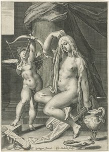 Venus kamt haar haren door Egidius  Sadeler (II)