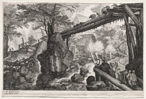 Acht Boheemse Landschappen: Landschap met Houten Brug over Waterval door Aegidius Sadeler