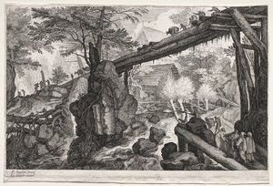 Acht Boheemse landschappen: Landschap met boomstambrug over waterval, ca. 1610-1615 door Aegidius Sadeler or Saedeler