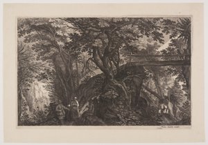 Een bos met rechts een houten brug, uit Acht scènes uit Bohemen door Aegidius Sadeler II