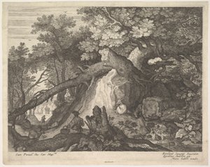 Een man met een staf zittend op een boomstam, met twee geiten aan weerszijden, ca. 1600