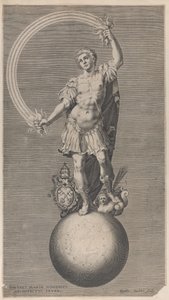 Allegorische figuur van een krijger die op een wereldbol staat met het pauselijke wapen, ca. 1588-1629
