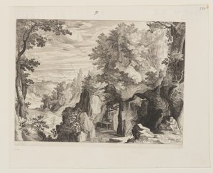 Berglandschap met een kluizenaar door Aegidius Sadeler II