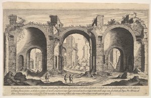Zicht op de Baden van Caracalla, met inscriptie letter A door Aegidius Sadeler II